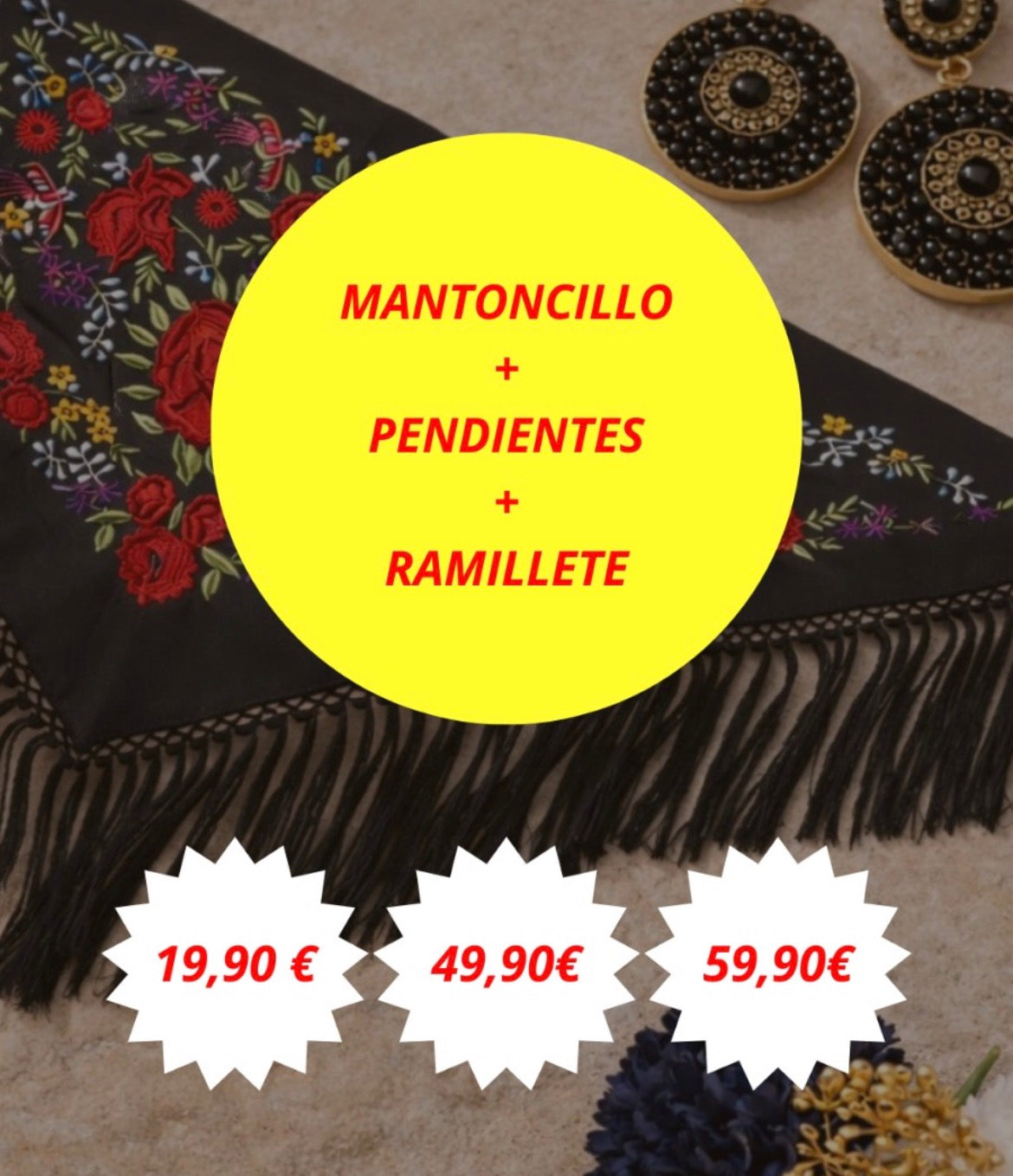 Pack: mantón + pendientes + ramillete